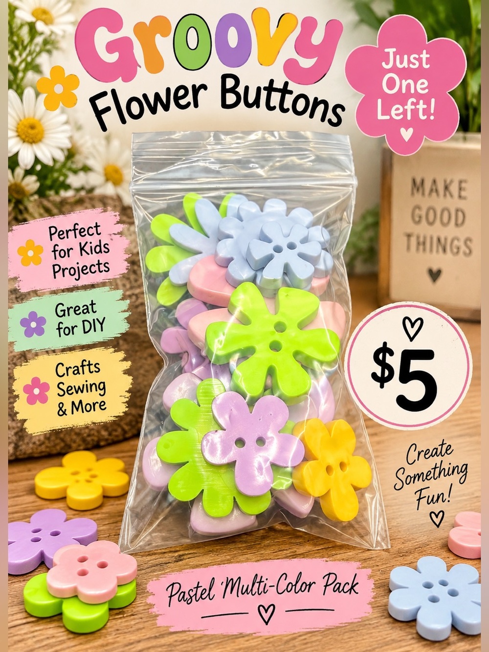 Decorative Groovy Flower Buttons - Pastel Multi-Color Pack Kids NWT